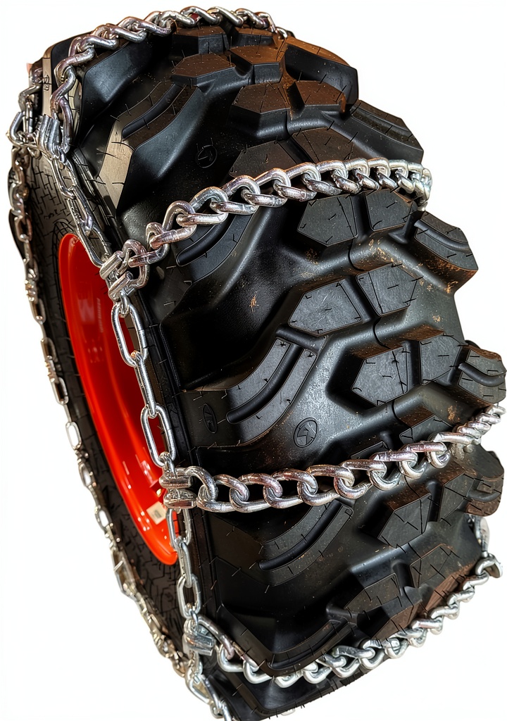 Snow chains installed on a tractor wheel