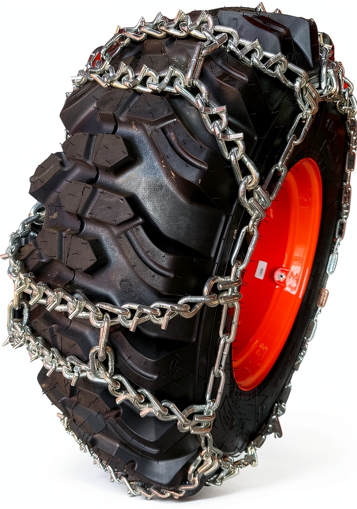 TireChain V-BAR snow chains installed on a farm tractor in a snowy field