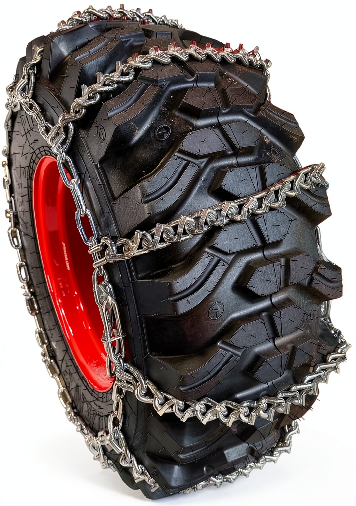 Ladder snow chains installed on a farm tractor
